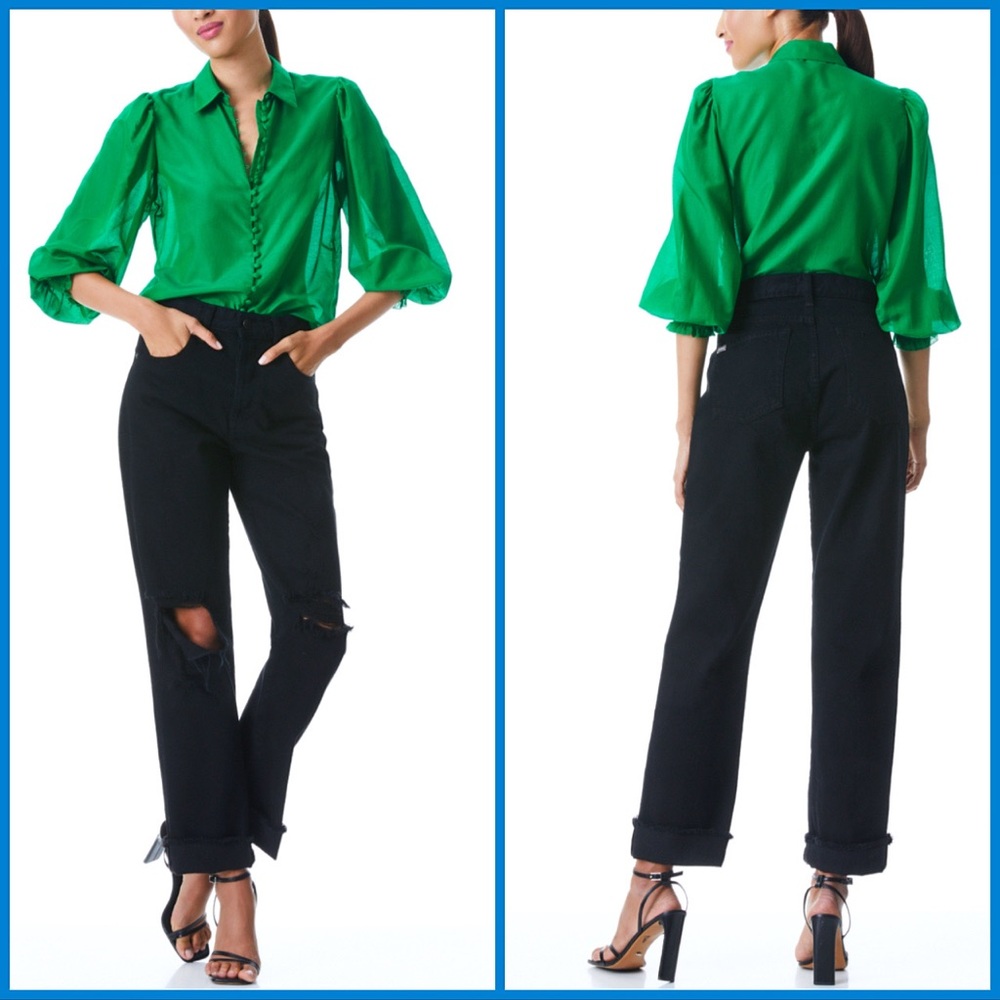 Alice + Olivia Joey Emerald Green Button Front Silk Blend Smocked Blouse - Picture 5 of 15